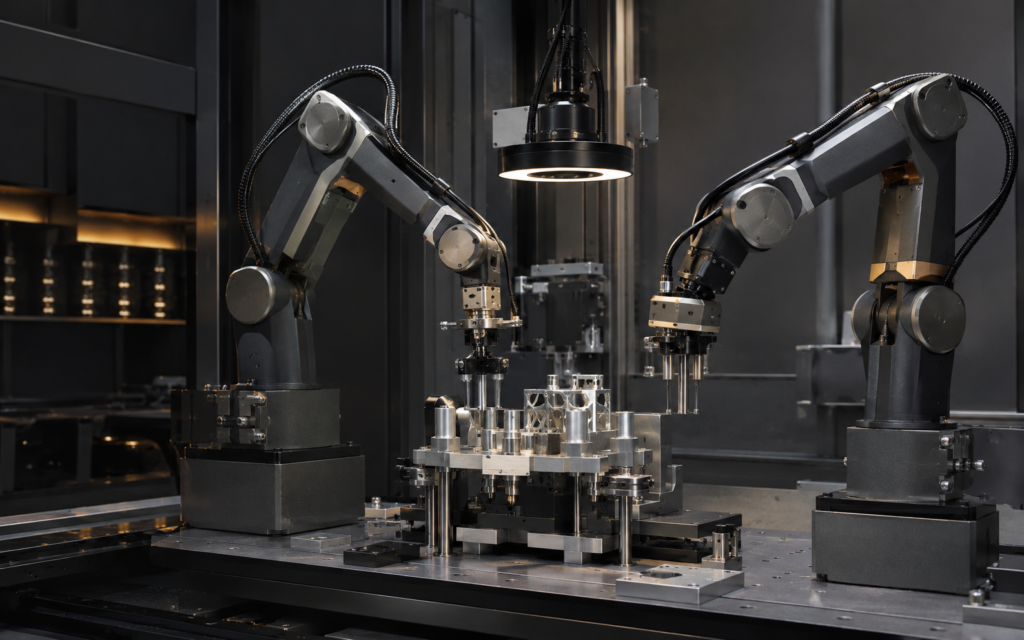 Fictional robotic precision assembly cell with optical inspection system.