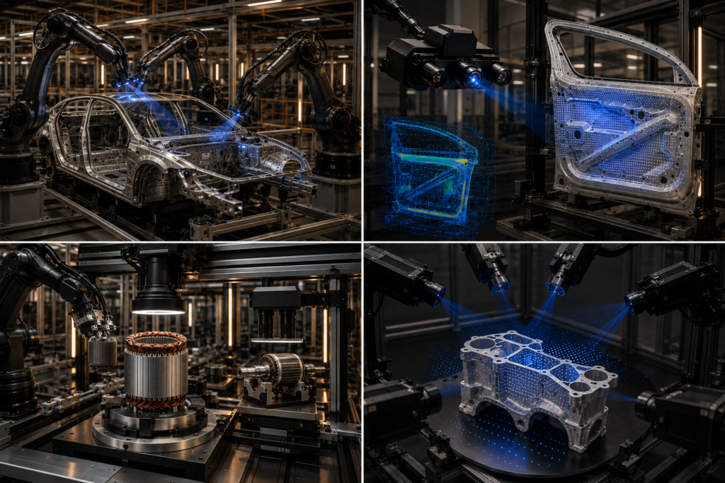 Automated electric-motor production cell with robotic component handling and machine-vision inspection of stator windings and rotor geometry.