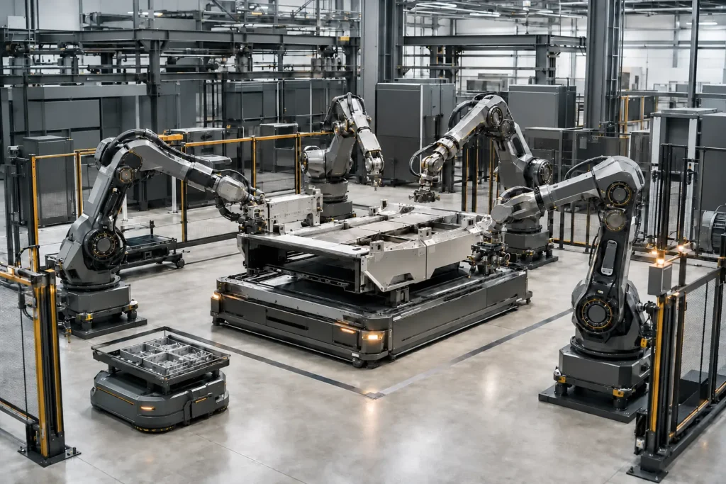 Automated smart factory assembly cell with industrial robots and autonomous material flow.