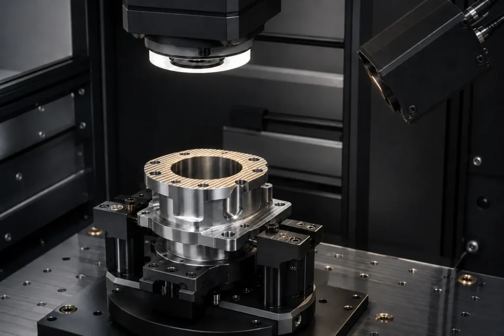 Optical machine vision system inspecting a precision-machined component with structured light.