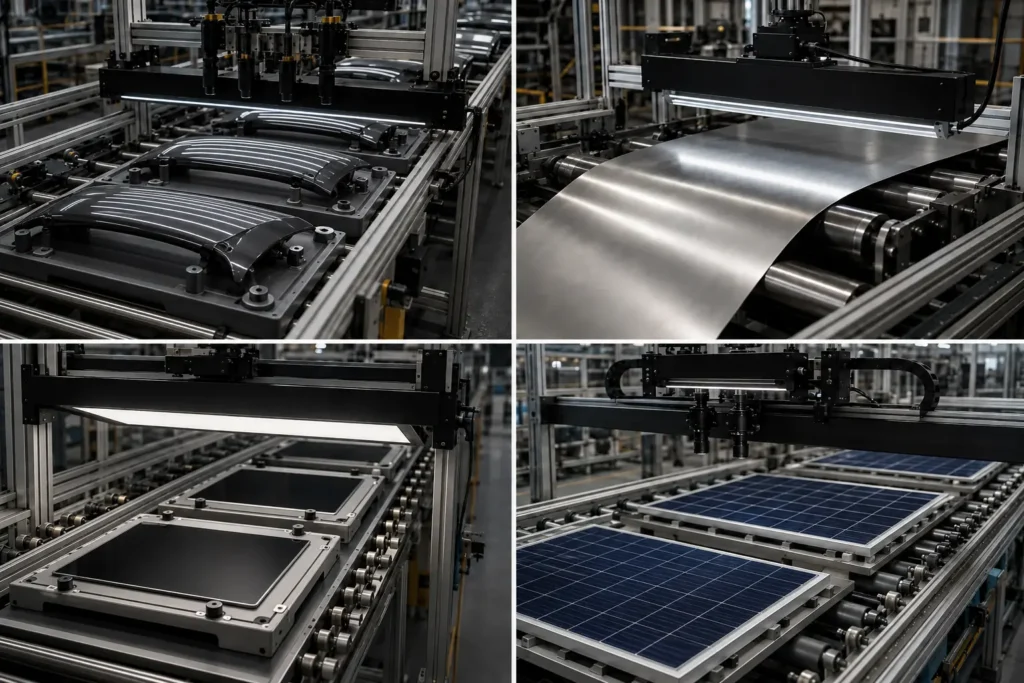 Inline optical inspection of painted parts, continuous metal strip, display glass and solar modules on dedicated workpiece carriers.