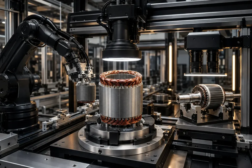 Automated electric-motor production cell with robotic component handling and machine-vision inspection of stator windings and rotor geometry.