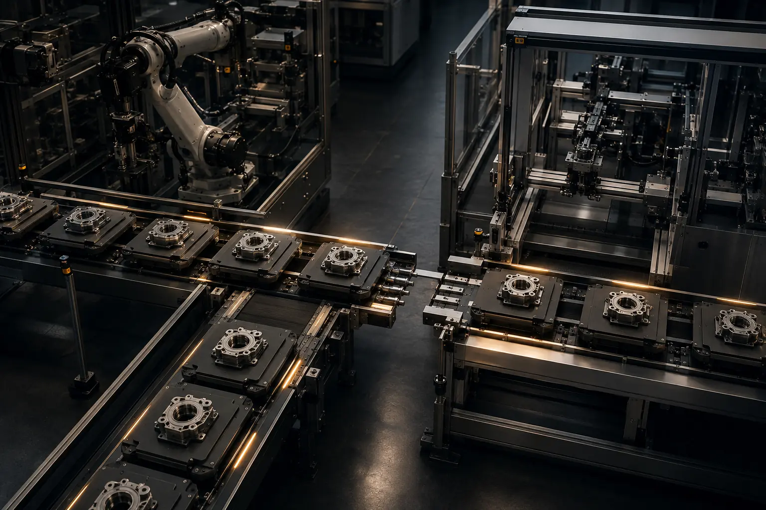 Workpiece carriers accumulating at a disconnected transfer point between two automated production cells.