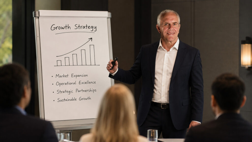 Robert Werny presenting a growth strategy at a flipchart